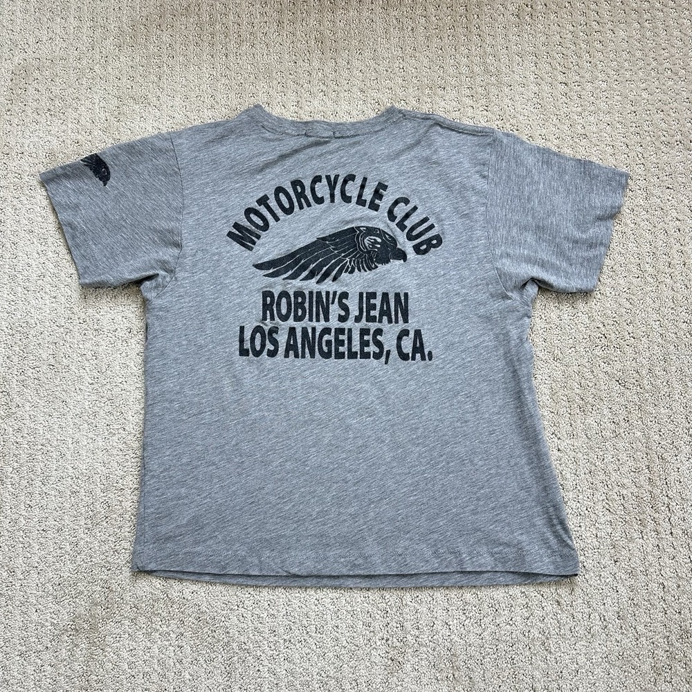 Robin's Jean Motorcycle Club T-Shirt Men's Medium New York USA Flag Cropped Gray